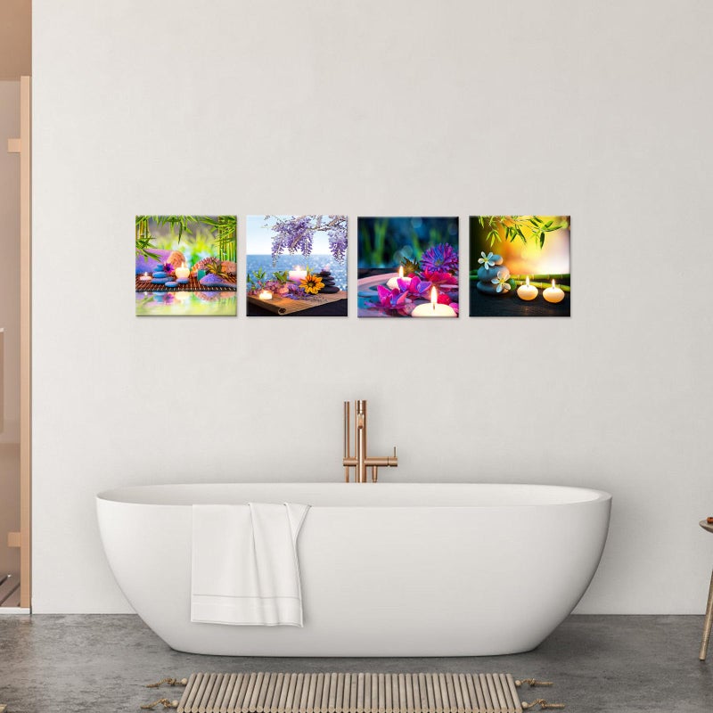 iHAPPYWALL Canvas Prints Zen Art Wall Decor Spa Massage Treatment Painting Picture Orchid Flower Frangipani Bamboo Flaming Candle Print On Canvas 4 Panel Ready to Hang 12''x12''x4pcs - Image 2